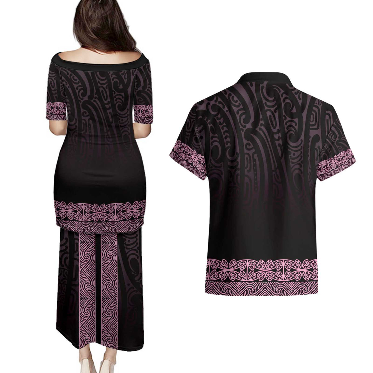 New Zealand Maori Kowhaiwhai Couples Matching Puletasi and Hawaiian Shirt Mawhero Maui and Mangopare