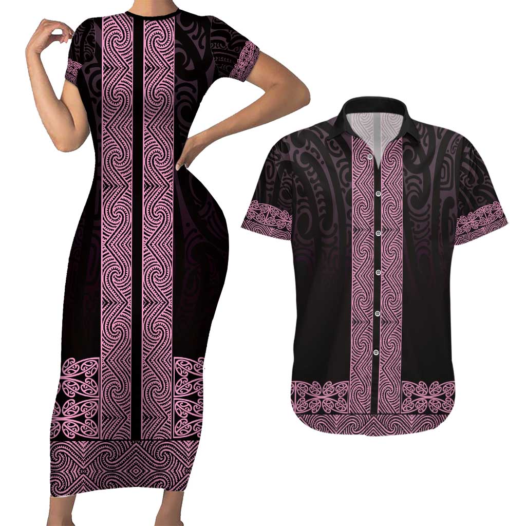 New Zealand Maori Kowhaiwhai Couples Matching Short Sleeve Bodycon Dress and Hawaiian Shirt Mawhero Maui and Mangopare
