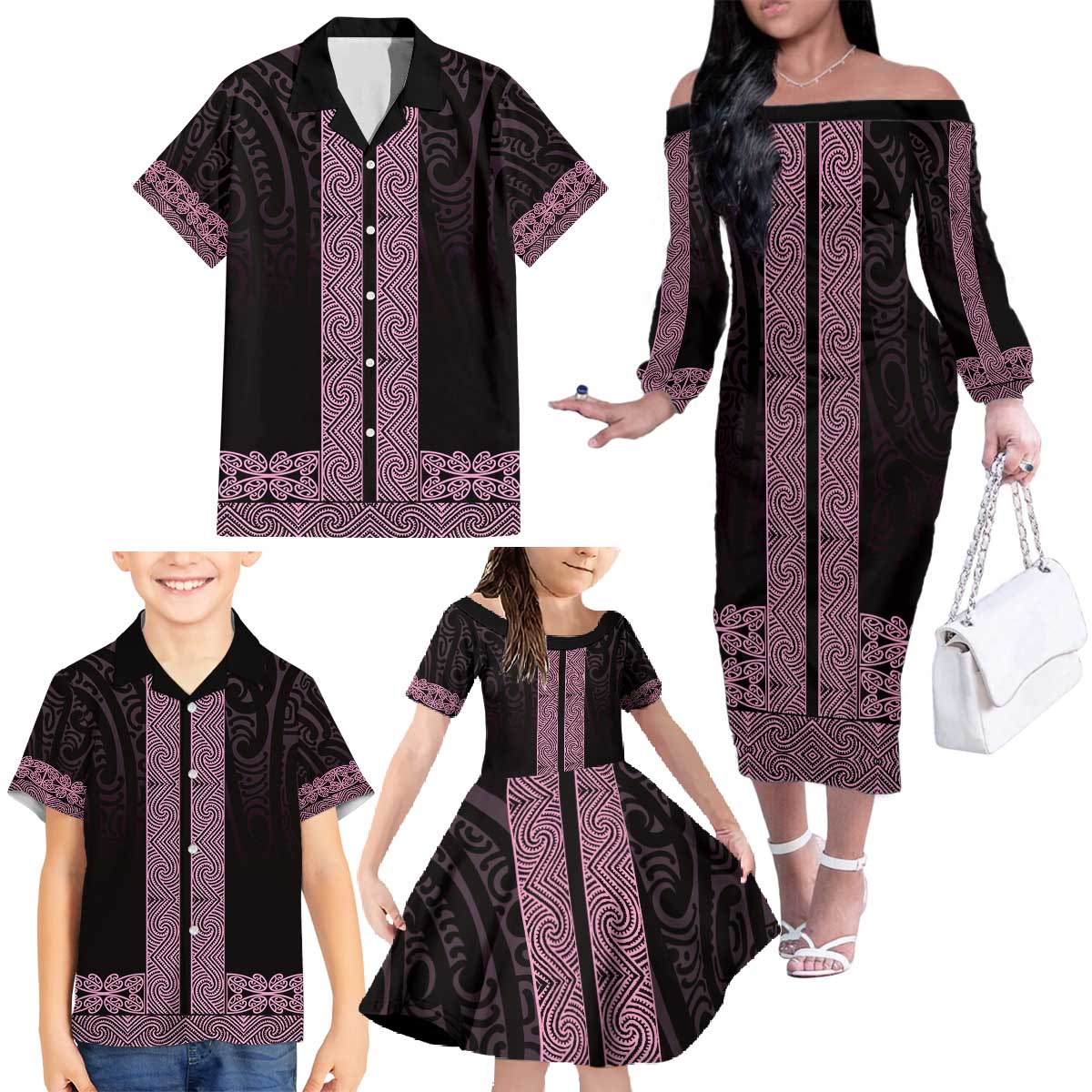 New Zealand Maori Kowhaiwhai Family Matching Off The Shoulder Long Sleeve Dress and Hawaiian Shirt Mawhero Maui and Mangopare