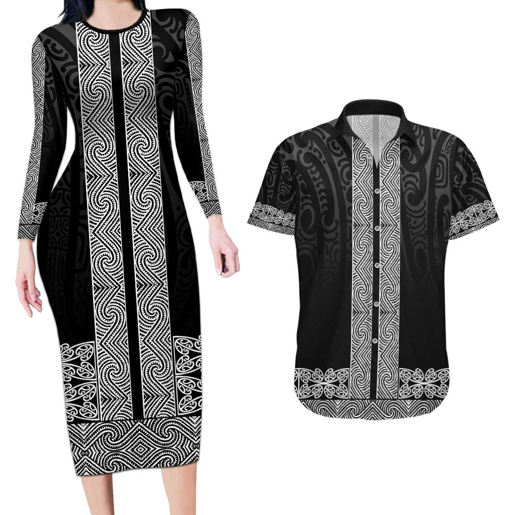 New Zealand Maori Kowhaiwhai Couples Matching Long Sleeve Bodycon Dress and Hawaiian Shirt Pango Maui and Mangopare