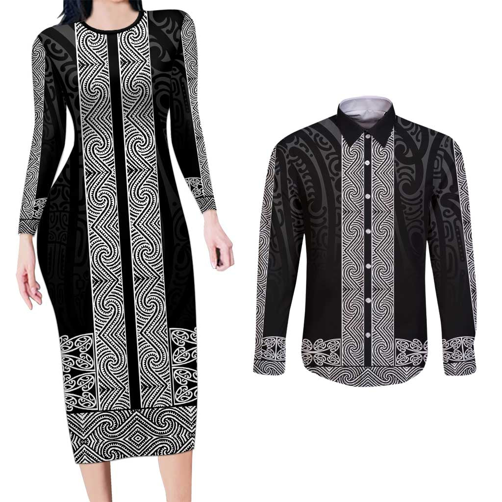 New Zealand Maori Kowhaiwhai Couples Matching Long Sleeve Bodycon Dress and Long Sleeve Button Shirt Pango Maui and Mangopare