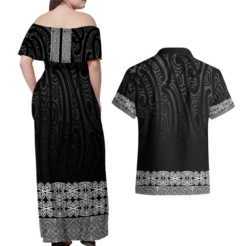 New Zealand Maori Kowhaiwhai Couples Matching Off Shoulder Maxi Dress and Hawaiian Shirt Pango Maui and Mangopare