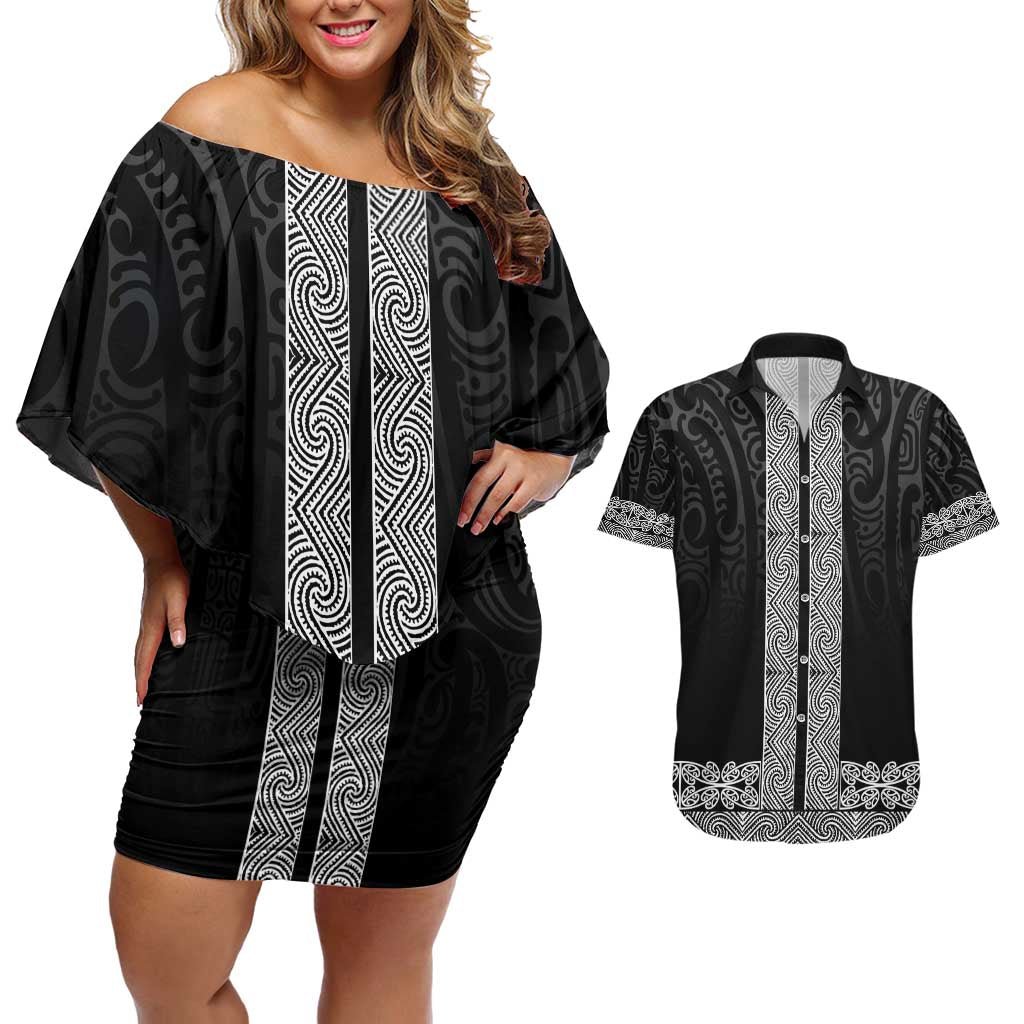 New Zealand Maori Kowhaiwhai Couples Matching Off Shoulder Short Dress and Hawaiian Shirt Pango Maui and Mangopare