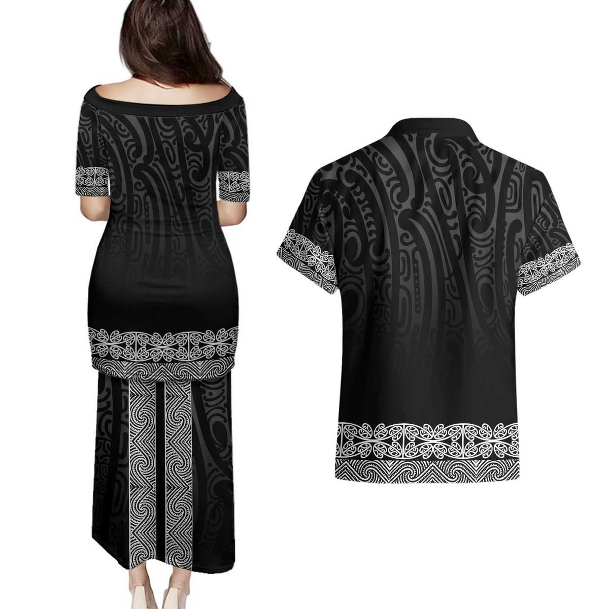 New Zealand Maori Kowhaiwhai Couples Matching Puletasi and Hawaiian Shirt Pango Maui and Mangopare