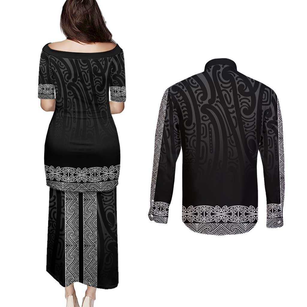 New Zealand Maori Kowhaiwhai Couples Matching Puletasi and Long Sleeve Button Shirt Pango Maui and Mangopare