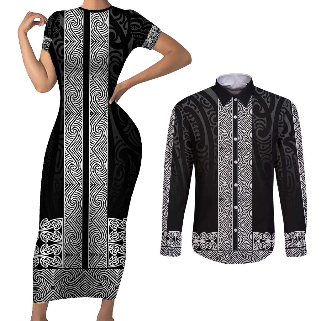 New Zealand Maori Kowhaiwhai Couples Matching Short Sleeve Bodycon Dress and Long Sleeve Button Shirt Pango Maui and Mangopare