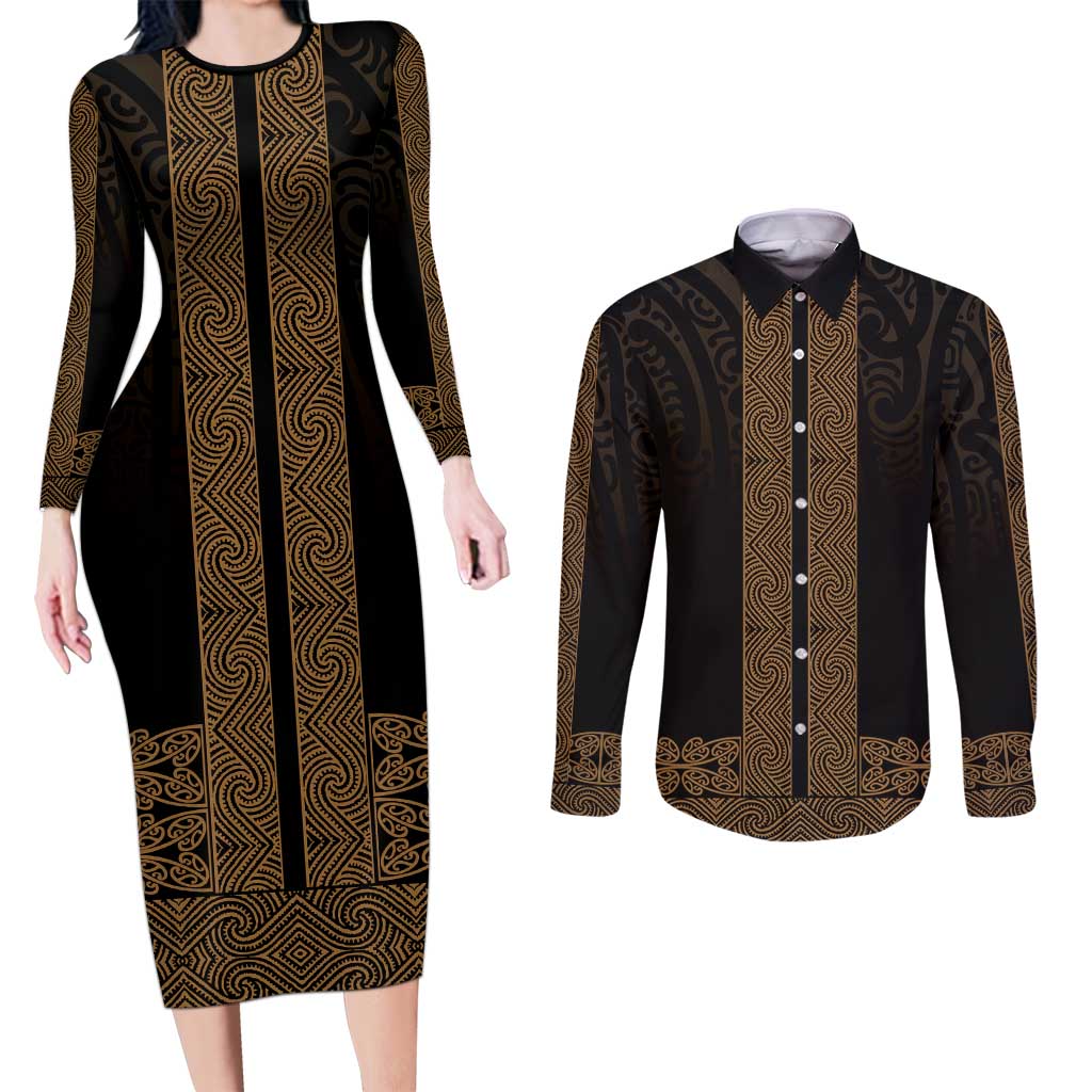 New Zealand Maori Kowhaiwhai Couples Matching Long Sleeve Bodycon Dress and Long Sleeve Button Shirt Parauri Maui and Mangopare