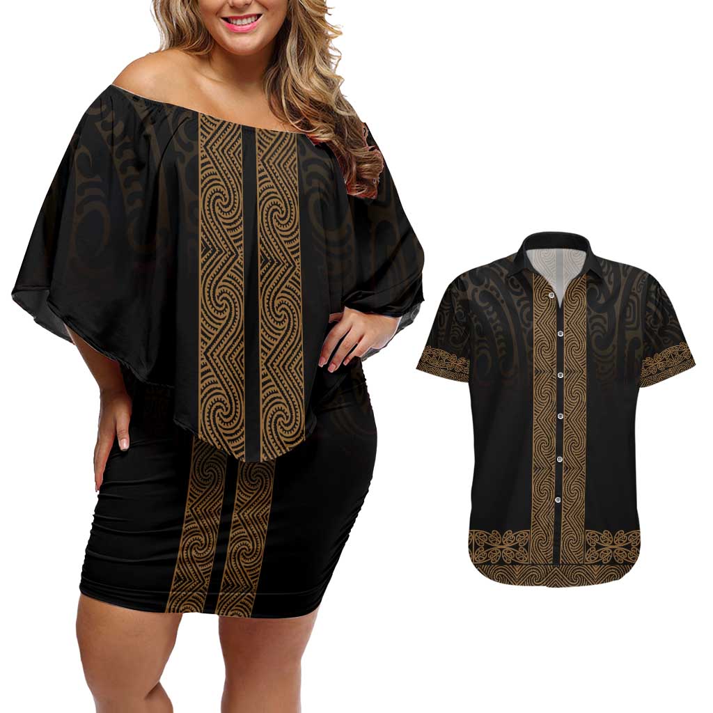 New Zealand Maori Kowhaiwhai Couples Matching Off Shoulder Short Dress and Hawaiian Shirt Parauri Maui and Mangopare