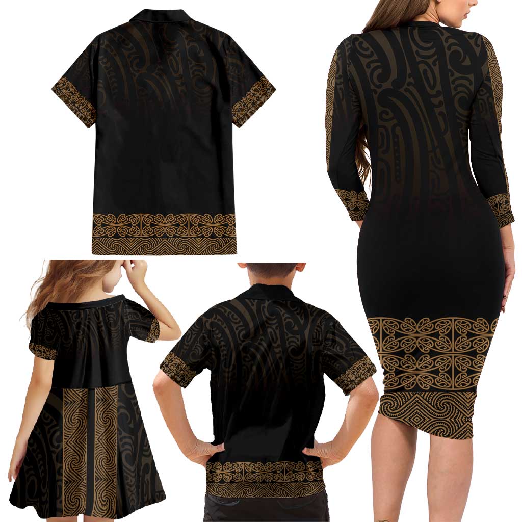 New Zealand Maori Kowhaiwhai Family Matching Long Sleeve Bodycon Dress and Hawaiian Shirt Parauri Maui and Mangopare