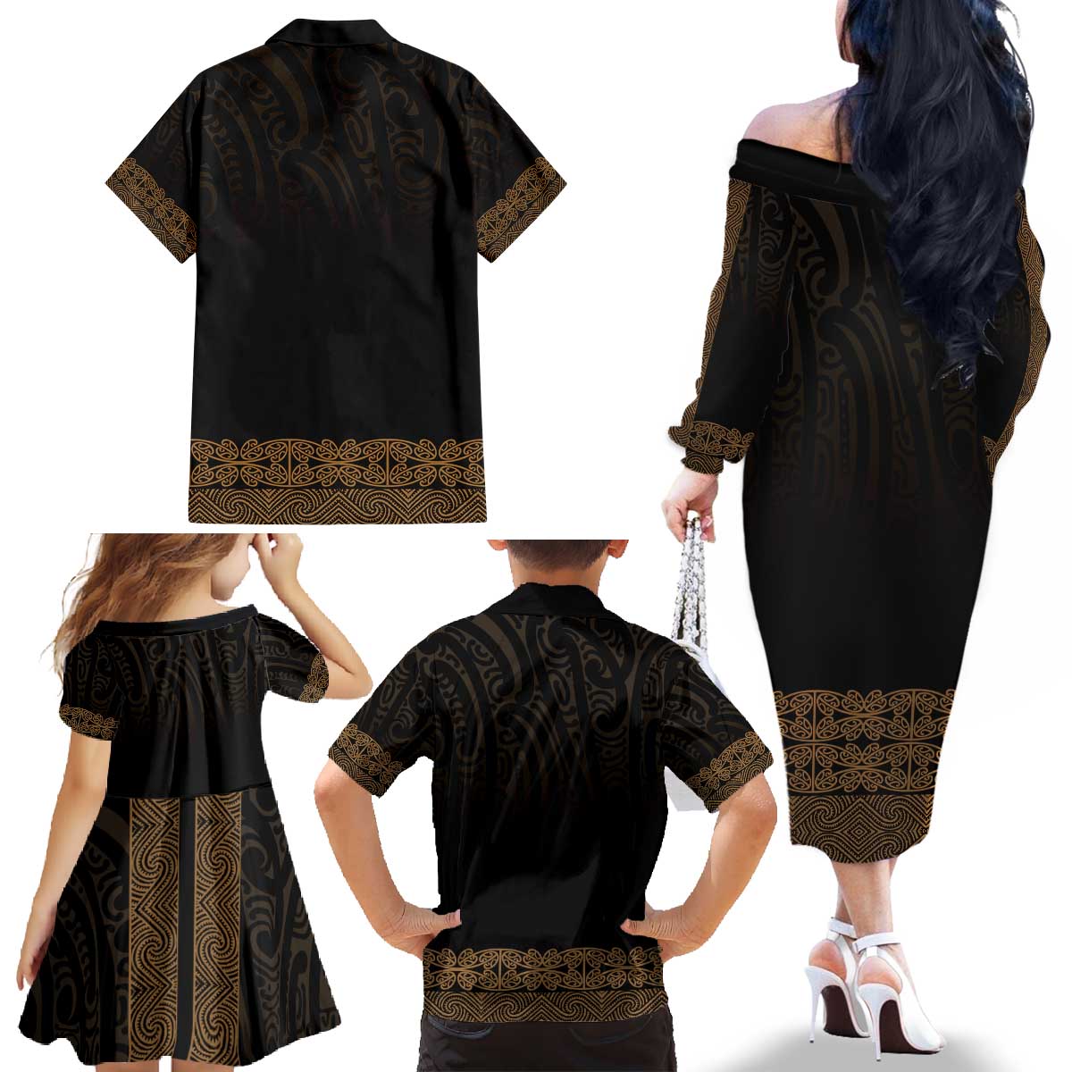 New Zealand Maori Kowhaiwhai Family Matching Off The Shoulder Long Sleeve Dress and Hawaiian Shirt Parauri Maui and Mangopare