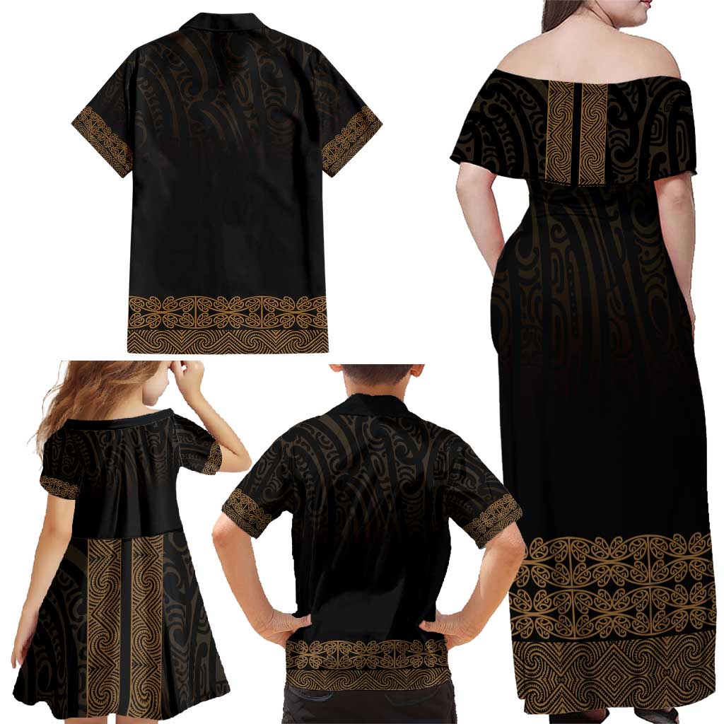New Zealand Maori Kowhaiwhai Family Matching Off Shoulder Maxi Dress and Hawaiian Shirt Parauri Maui and Mangopare