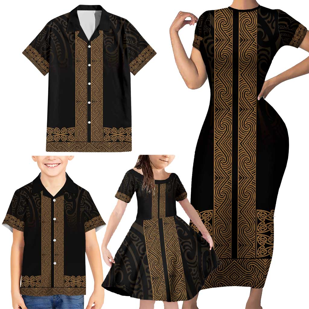 New Zealand Maori Kowhaiwhai Family Matching Short Sleeve Bodycon Dress and Hawaiian Shirt Parauri Maui and Mangopare