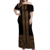 New Zealand Maori Kowhaiwhai Off Shoulder Maxi Dress Parauri Maui and Mangopare