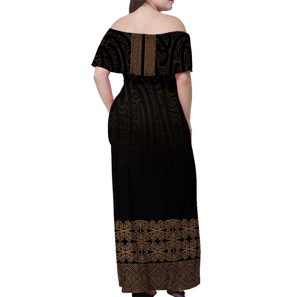 New Zealand Maori Kowhaiwhai Off Shoulder Maxi Dress Parauri Maui and Mangopare