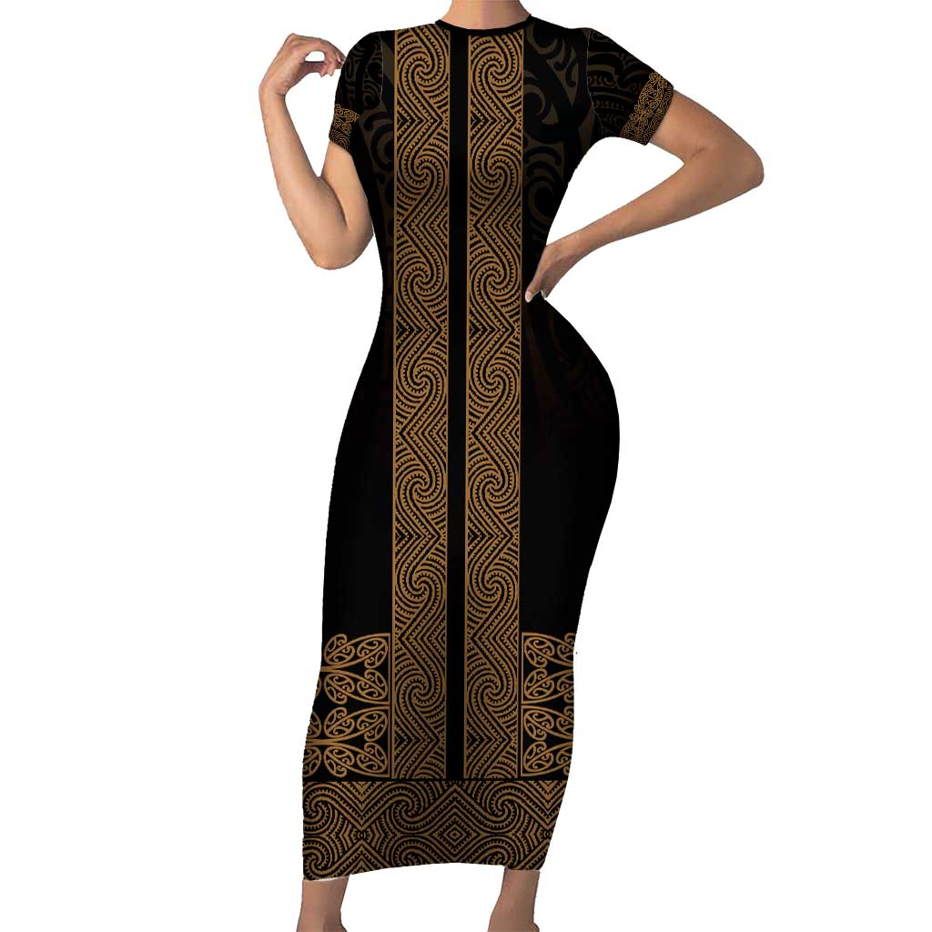 New Zealand Maori Kowhaiwhai Short Sleeve Bodycon Dress Parauri Maui and Mangopare