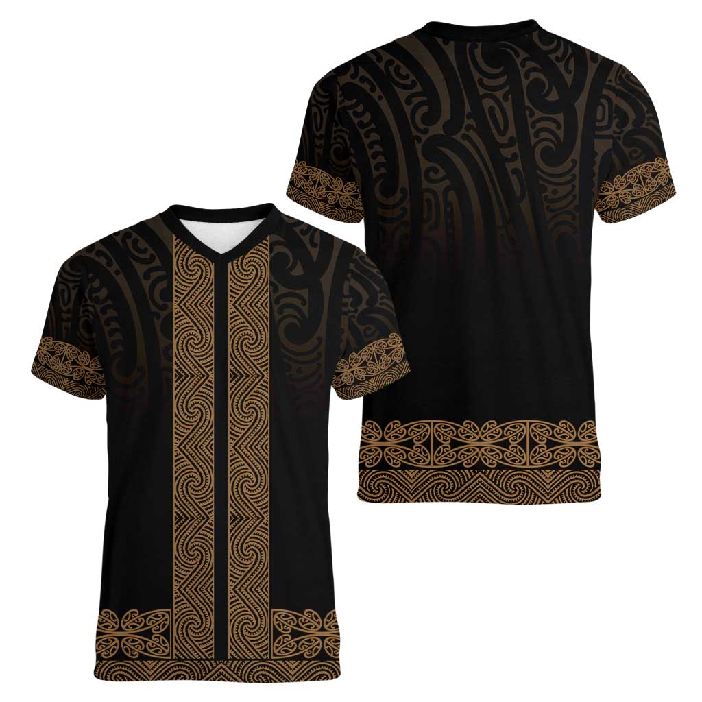 New Zealand Maori Kowhaiwhai Women V-Neck T-Shirt Parauri Maui and Mangopare