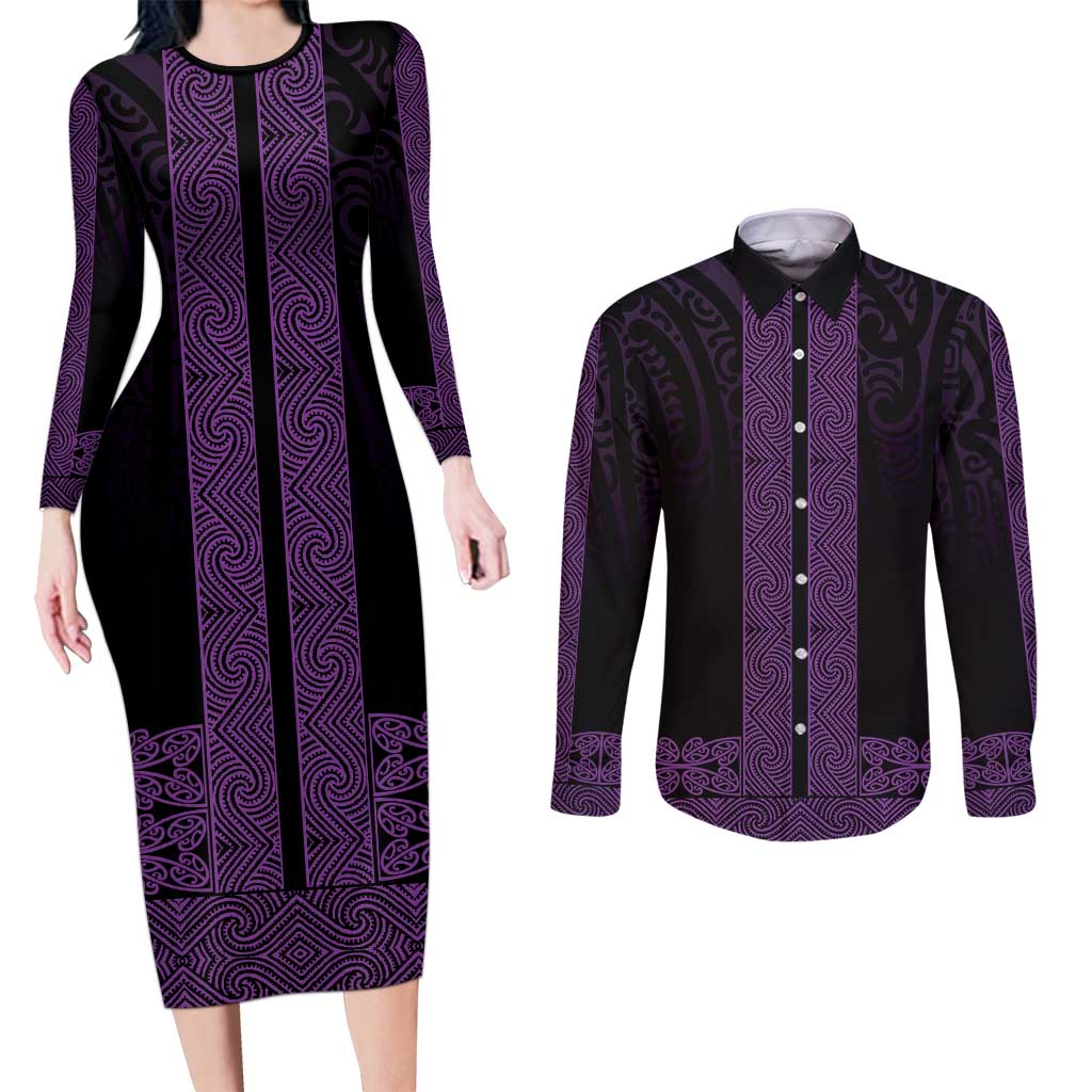 New Zealand Maori Kowhaiwhai Couples Matching Long Sleeve Bodycon Dress and Long Sleeve Button Shirt Waiporoporo Maui and Mangopare