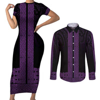 New Zealand Maori Kowhaiwhai Couples Matching Short Sleeve Bodycon Dress and Long Sleeve Button Shirt Waiporoporo Maui and Mangopare