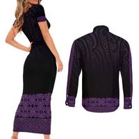 New Zealand Maori Kowhaiwhai Couples Matching Short Sleeve Bodycon Dress and Long Sleeve Button Shirt Waiporoporo Maui and Mangopare