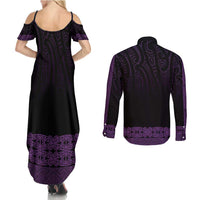 New Zealand Maori Kowhaiwhai Couples Matching Summer Maxi Dress and Long Sleeve Button Shirt Waiporoporo Maui and Mangopare