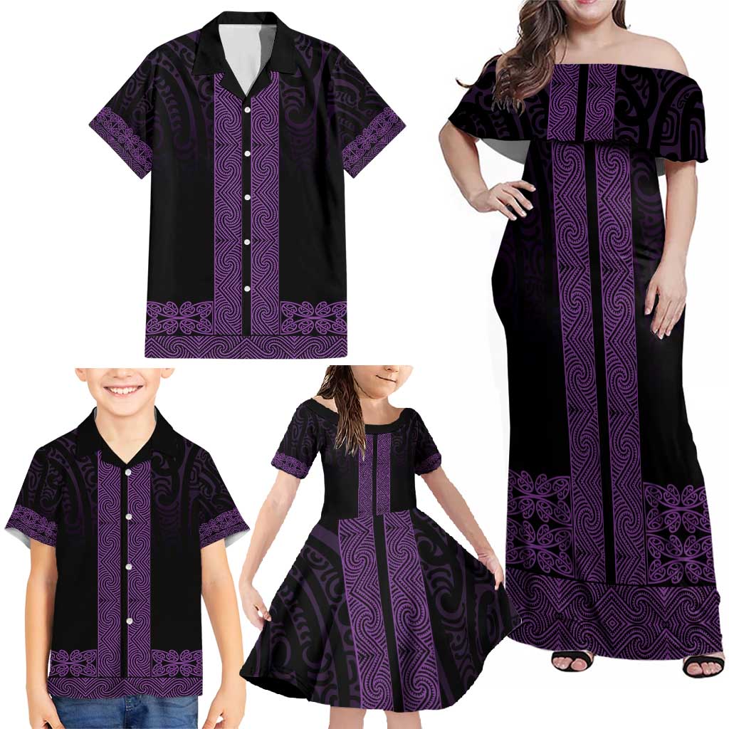 New Zealand Maori Kowhaiwhai Family Matching Off Shoulder Maxi Dress and Hawaiian Shirt Waiporoporo Maui and Mangopare