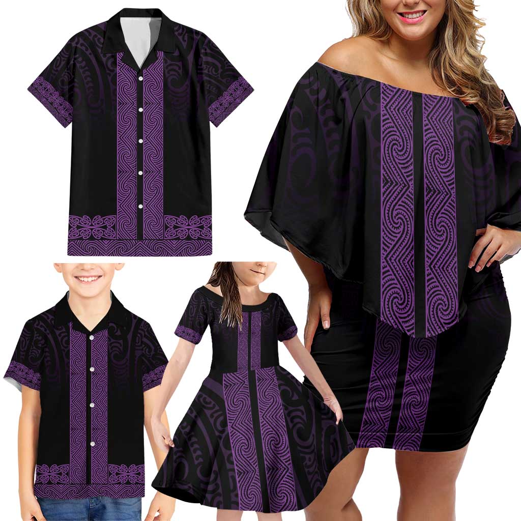New Zealand Maori Kowhaiwhai Family Matching Off Shoulder Short Dress and Hawaiian Shirt Waiporoporo Maui and Mangopare