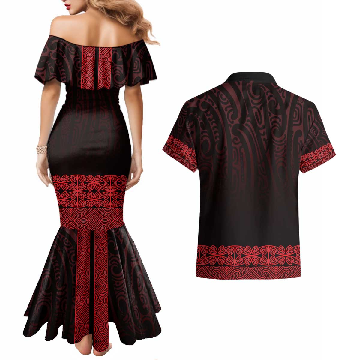 New Zealand Maori Kowhaiwhai Couples Matching Mermaid Dress and Hawaiian Shirt Whero Maui and Mangopare