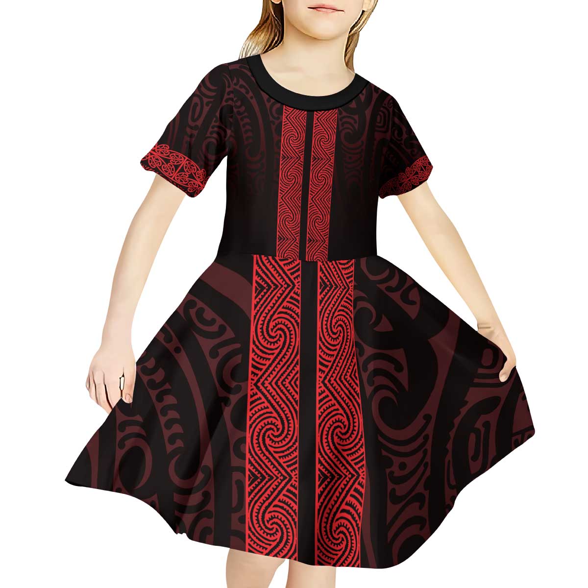 New Zealand Maori Kowhaiwhai Kid Short Sleeve Dress Whero Maui and Mangopare