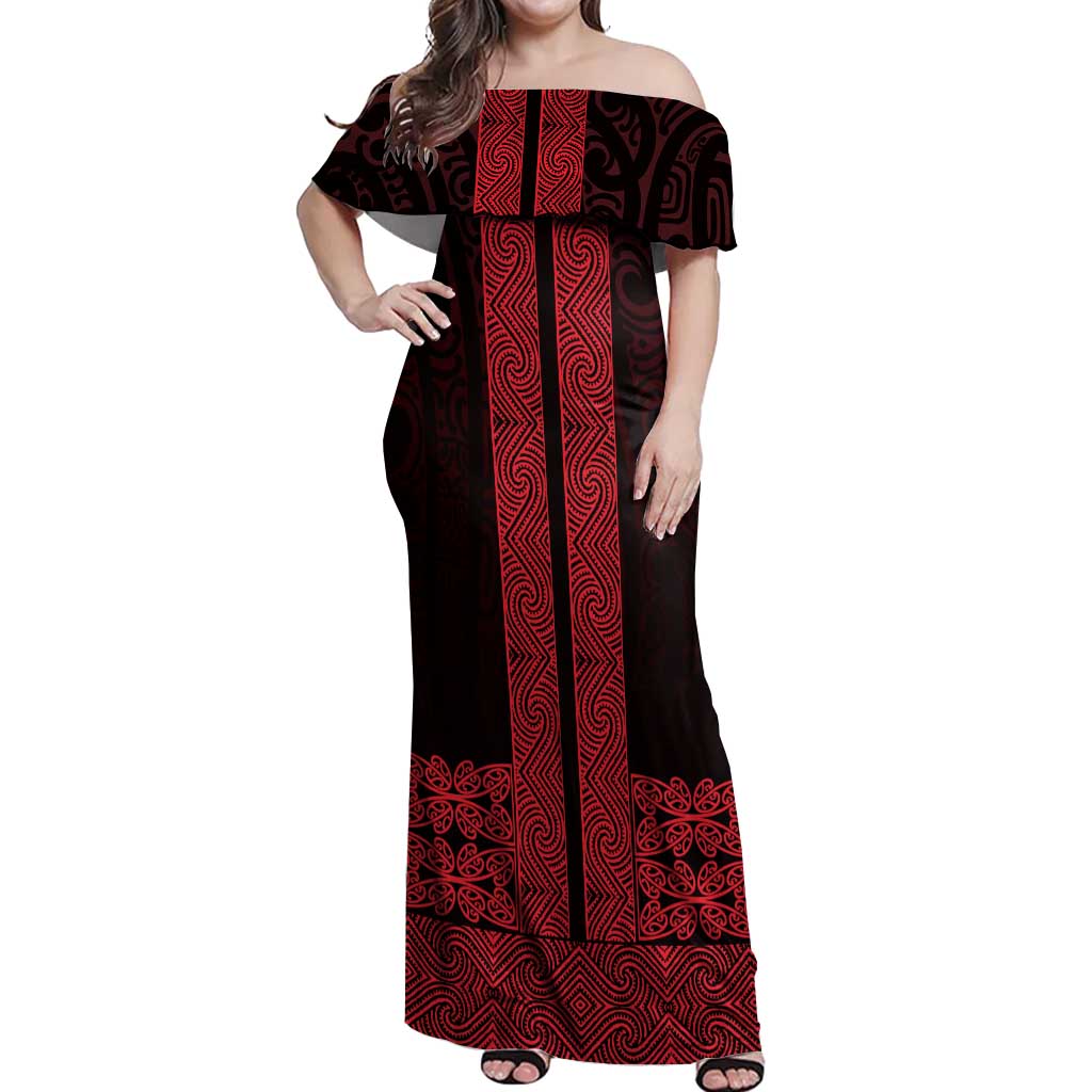 New Zealand Maori Kowhaiwhai Off Shoulder Maxi Dress Whero Maui and Mangopare