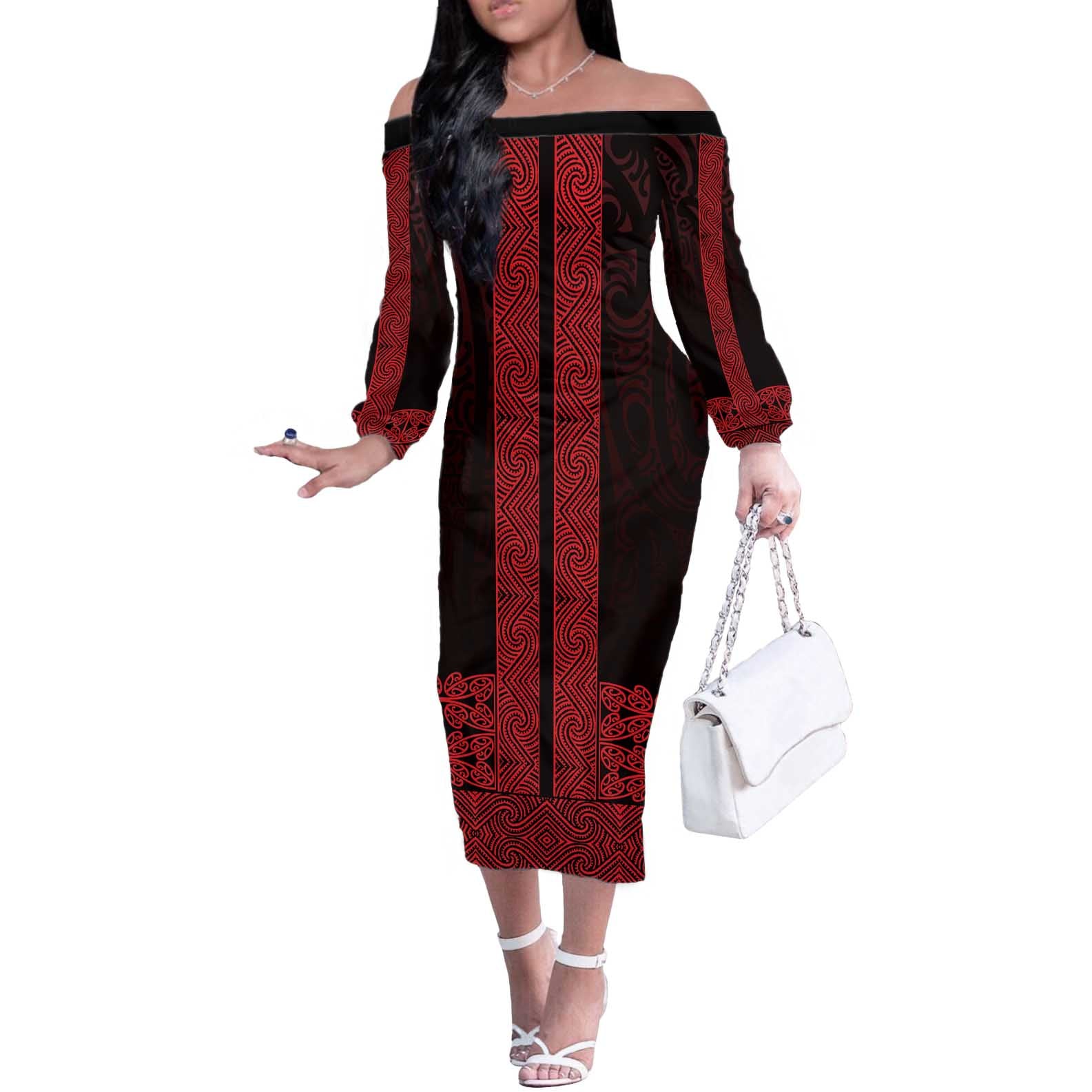 New Zealand Maori Kowhaiwhai Off The Shoulder Long Sleeve Dress Whero Maui and Mangopare