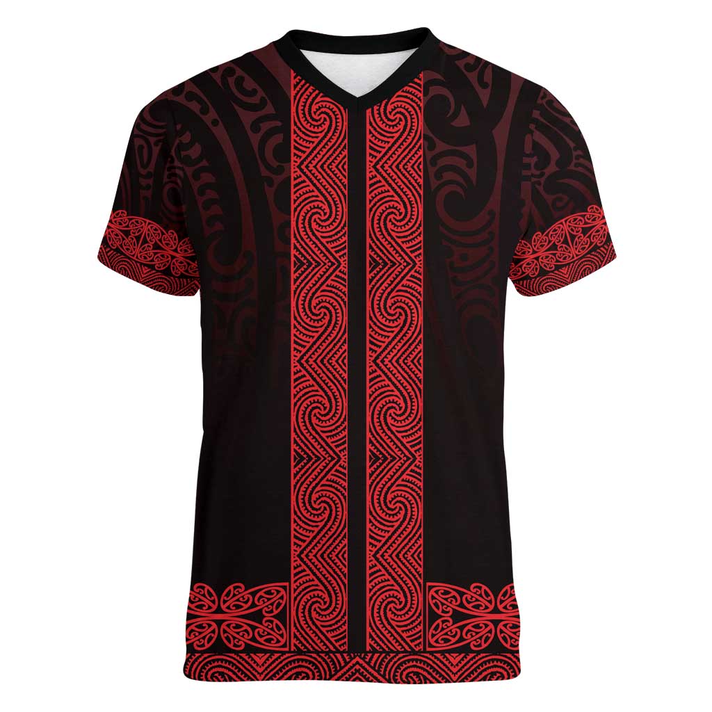 New Zealand Maori Kowhaiwhai Women V-Neck T-Shirt Whero Maui and Mangopare