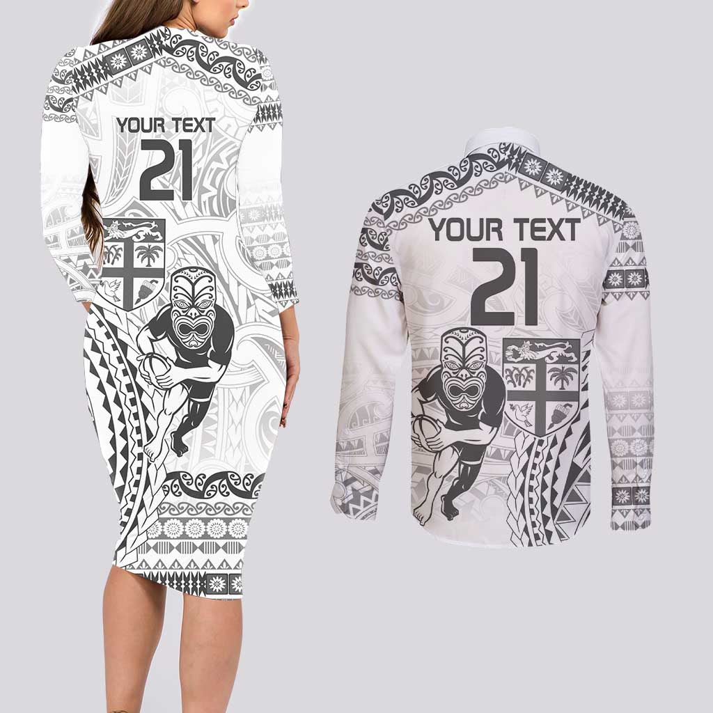 Custom Fiji Black Fern Couples Matching Long Sleeve Bodycon Dress and Long Sleeve Button Shirt Maori Warroir with Fijian Masi Pattern