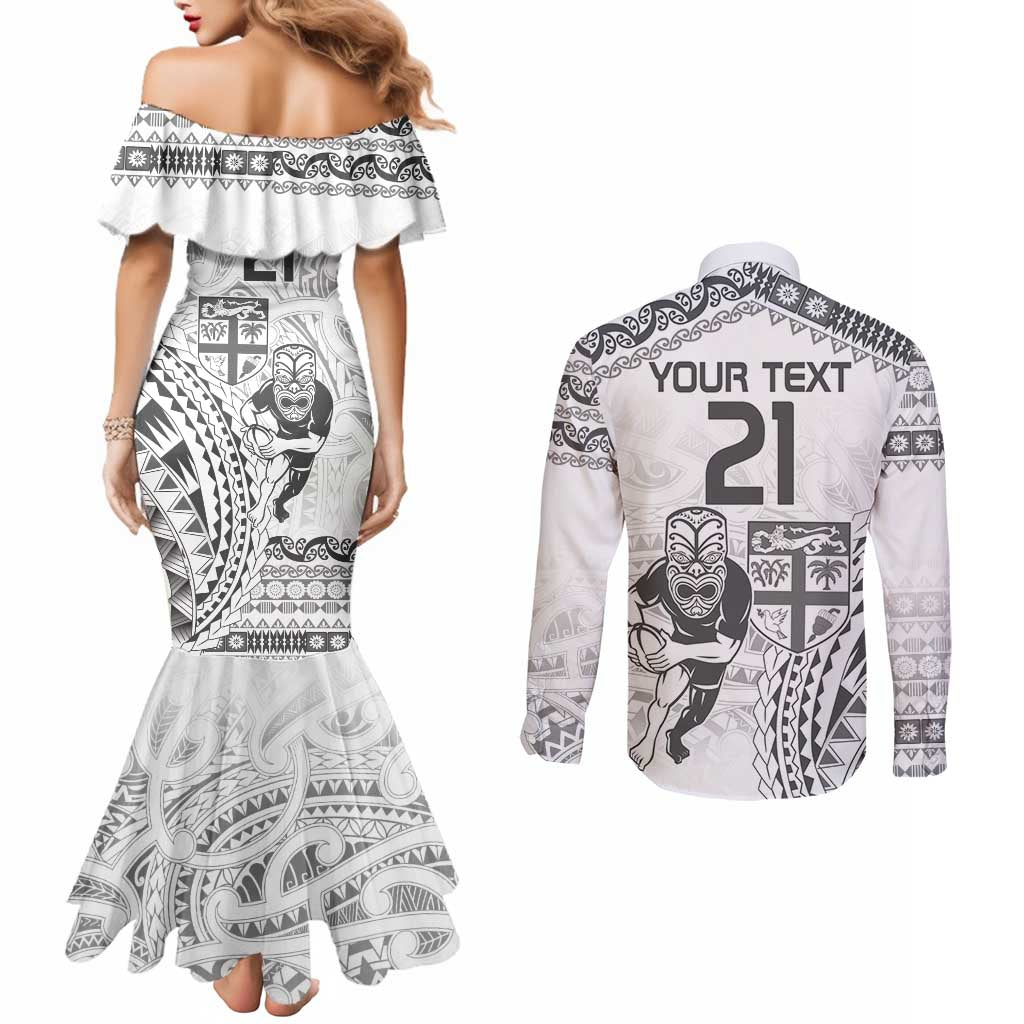 Custom Fiji Black Fern Couples Matching Mermaid Dress and Long Sleeve Button Shirt Maori Warroir with Fijian Masi Pattern