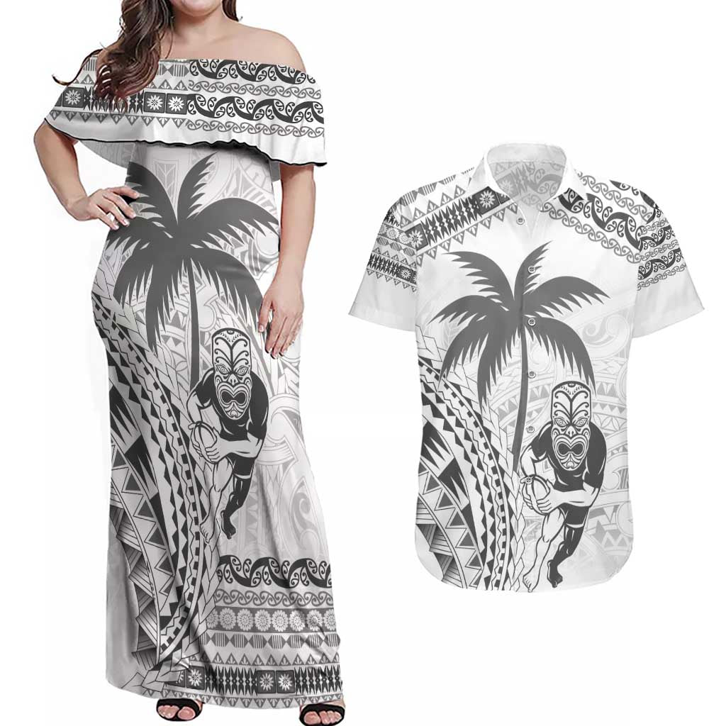 Custom Fiji Black Fern Couples Matching Off Shoulder Maxi Dress and Hawaiian Shirt Maori Warroir with Fijian Masi Pattern