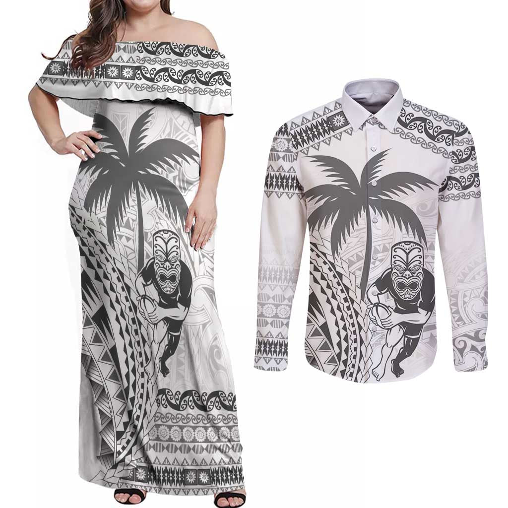 Custom Fiji Black Fern Couples Matching Off Shoulder Maxi Dress and Long Sleeve Button Shirt Maori Warroir with Fijian Masi Pattern