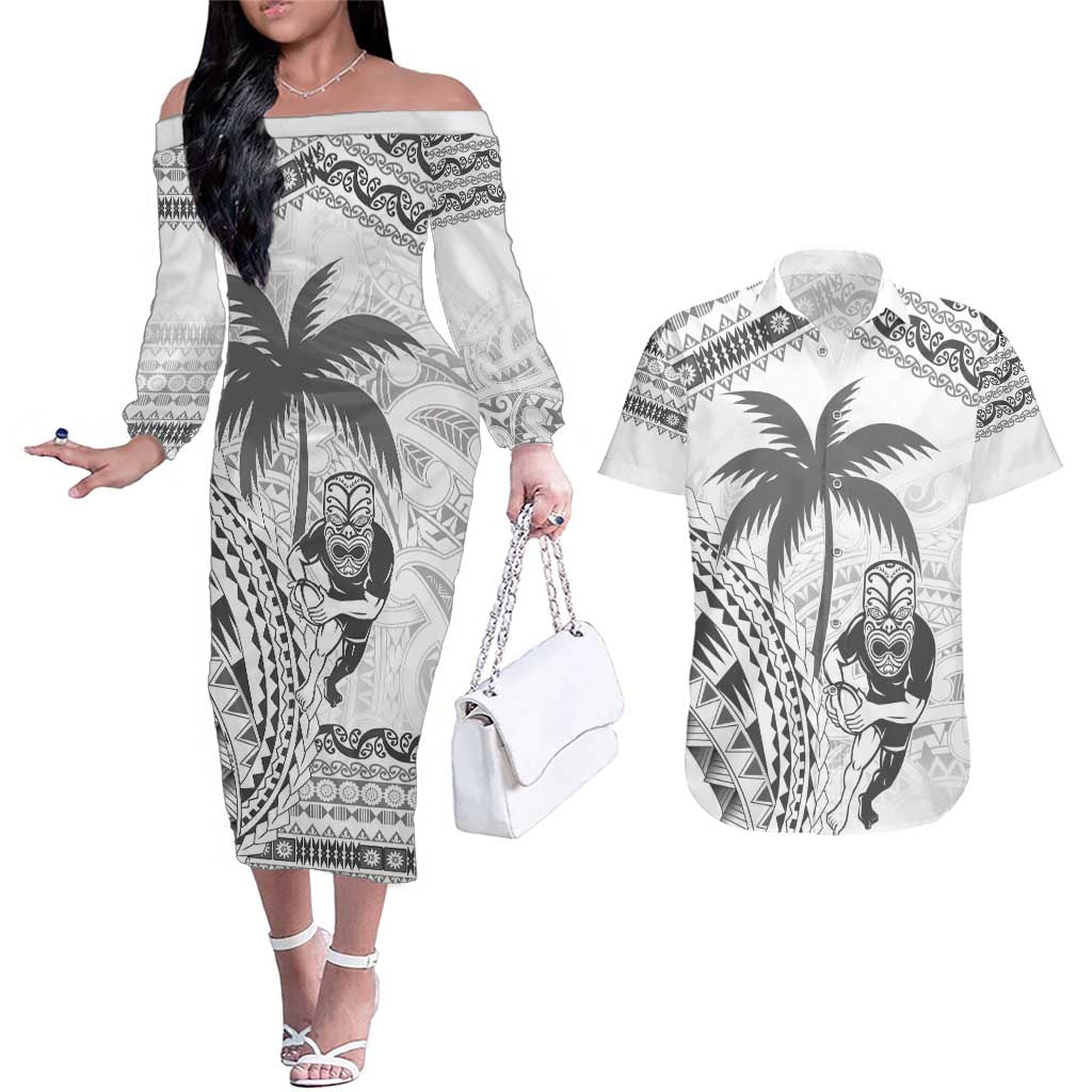Custom Fiji Black Fern Couples Matching Off The Shoulder Long Sleeve Dress and Hawaiian Shirt Maori Warroir with Fijian Masi Pattern