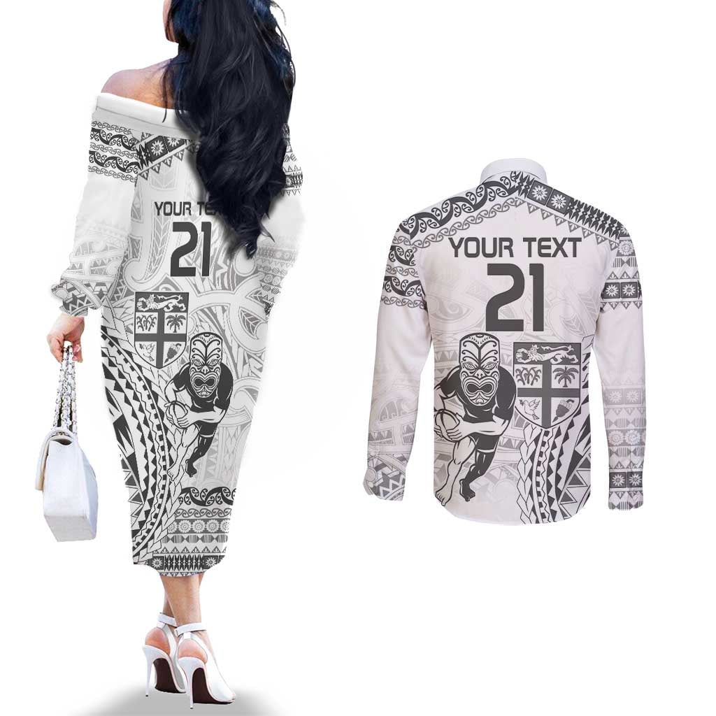 Custom Fiji Black Fern Couples Matching Off The Shoulder Long Sleeve Dress and Long Sleeve Button Shirt Maori Warroir with Fijian Masi Pattern