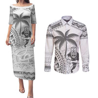 Custom Fiji Black Fern Couples Matching Puletasi and Long Sleeve Button Shirt Maori Warroir with Fijian Masi Pattern