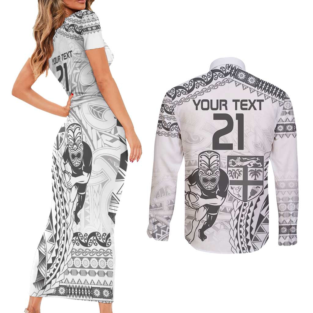 Custom Fiji Black Fern Couples Matching Short Sleeve Bodycon Dress and Long Sleeve Button Shirt Maori Warroir with Fijian Masi Pattern