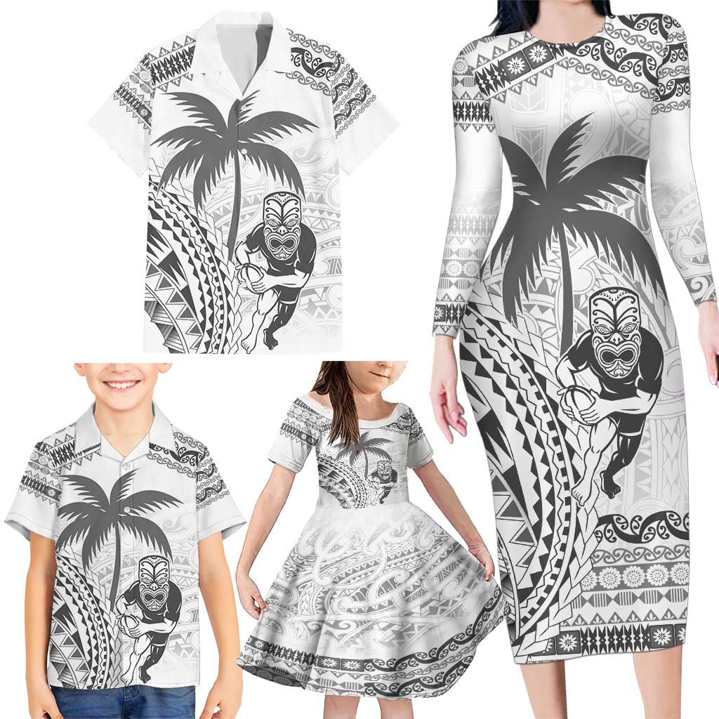 Custom Fiji Black Fern Family Matching Long Sleeve Bodycon Dress and Hawaiian Shirt Maori Warroir with Fijian Masi Pattern