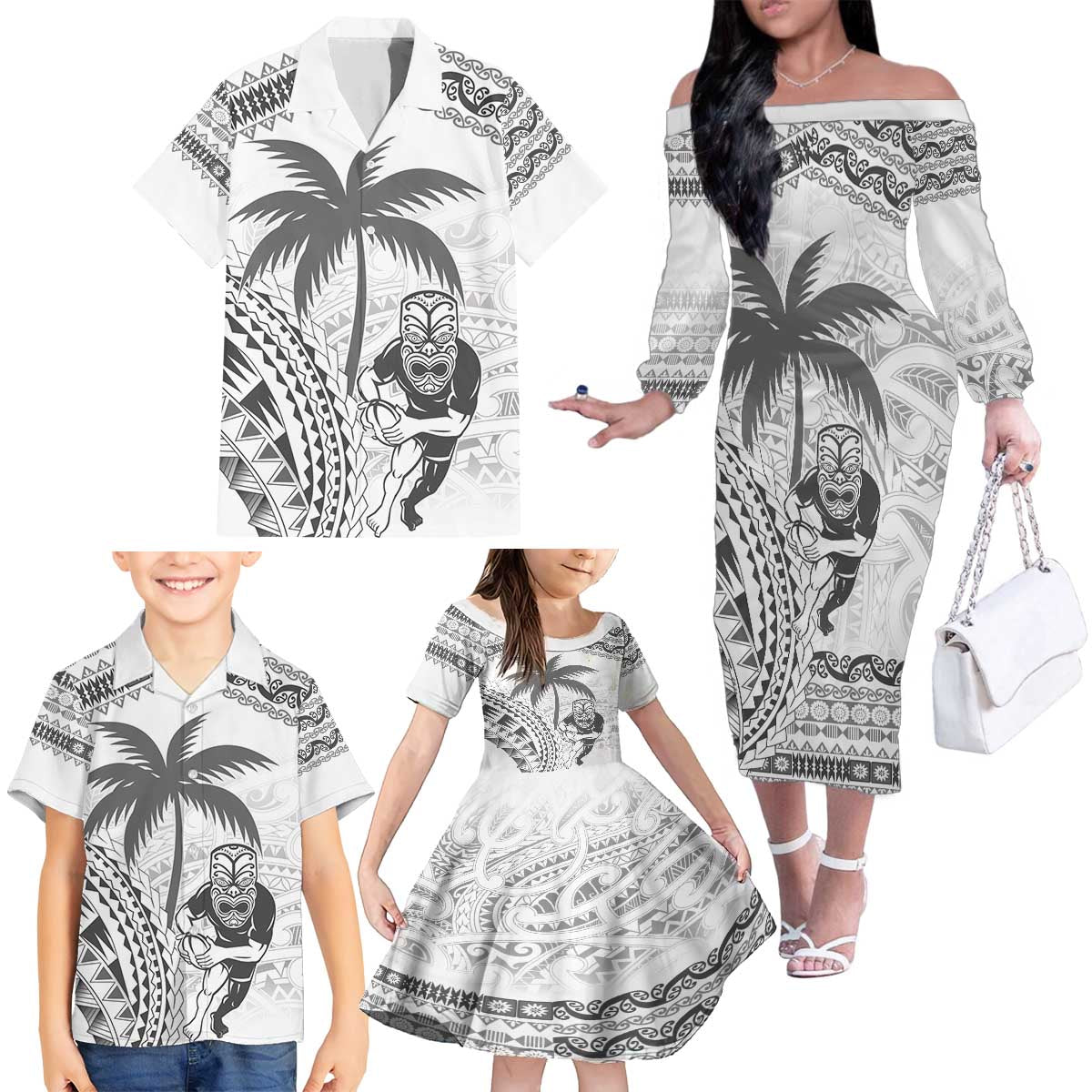 Custom Fiji Black Fern Family Matching Off The Shoulder Long Sleeve Dress and Hawaiian Shirt Maori Warroir with Fijian Masi Pattern