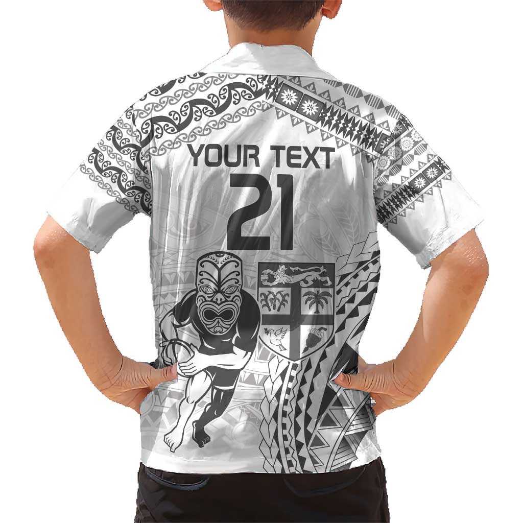 Custom Fiji Black Fern Kid Hawaiian Shirt Maori Warroir with Fijian Masi Pattern