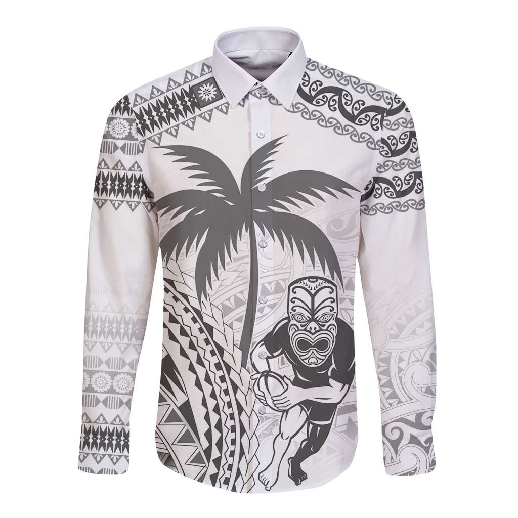 Custom Fiji Black Fern Long Sleeve Button Shirt Maori Warroir with Fijian Masi Pattern
