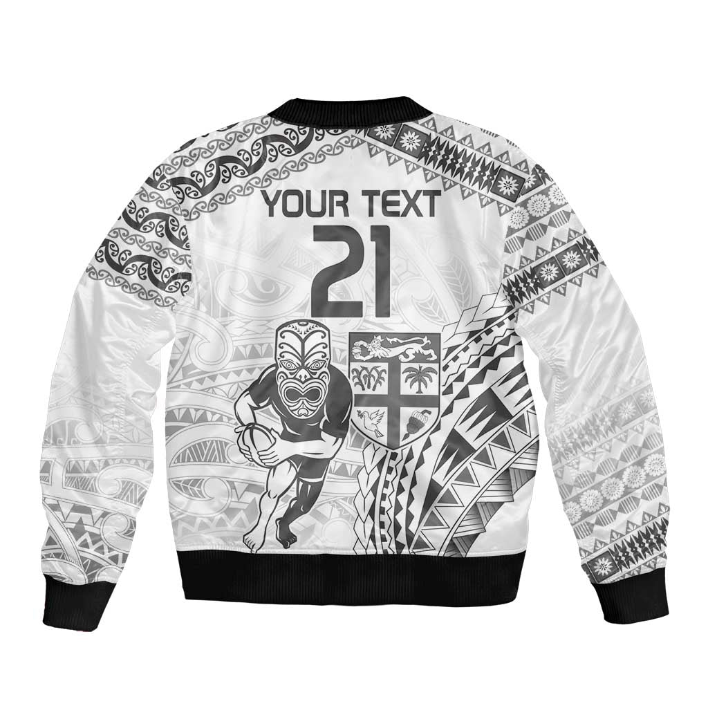 Custom Fiji Black Fern Sleeve Zip Bomber Jacket Maori Warroir with Fijian Masi Pattern