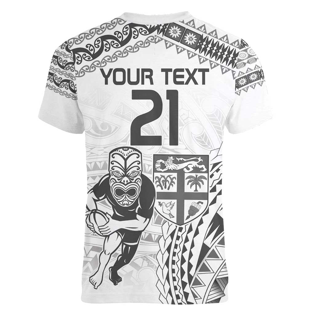 Custom Fiji Black Fern Women V-Neck T-Shirt Maori Warroir with Fijian Masi Pattern