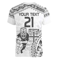 Custom Fiji Black Fern Women V-Neck T-Shirt Maori Warroir with Fijian Masi Pattern