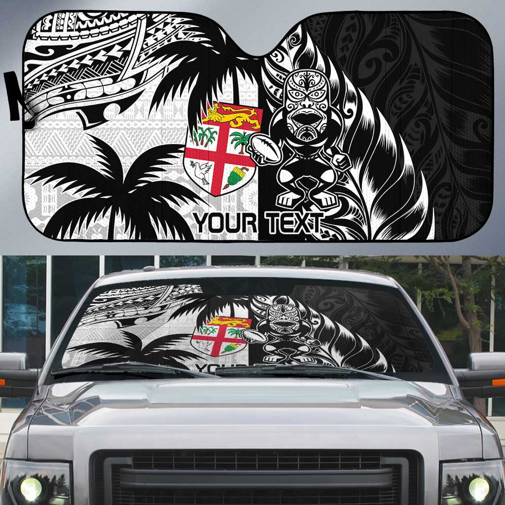 Fiji New Zealand Rugby Personalised Auto Sun Shade Maori and Tapa Pattern - Polynesian Pride