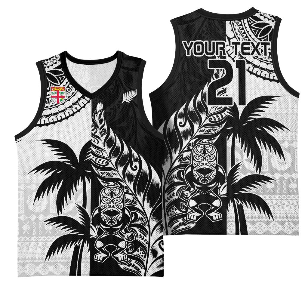 Fiji New Zealand Rugby Personalised Basketball Jersey Maori and Tapa Pattern - Polynesian Pride