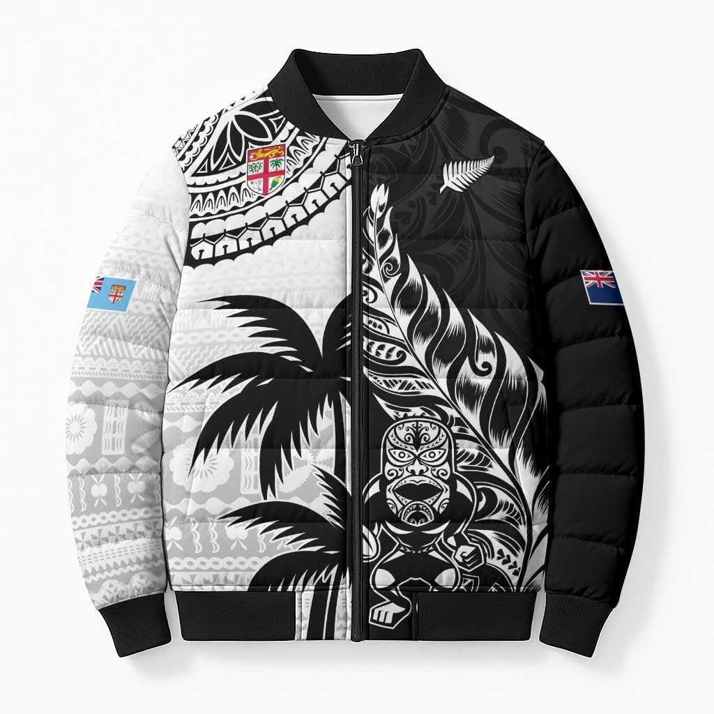 Fiji New Zealand Rugby Personalised Bomber Puffer Jacket Maori and Tapa Pattern - Polynesian Pride