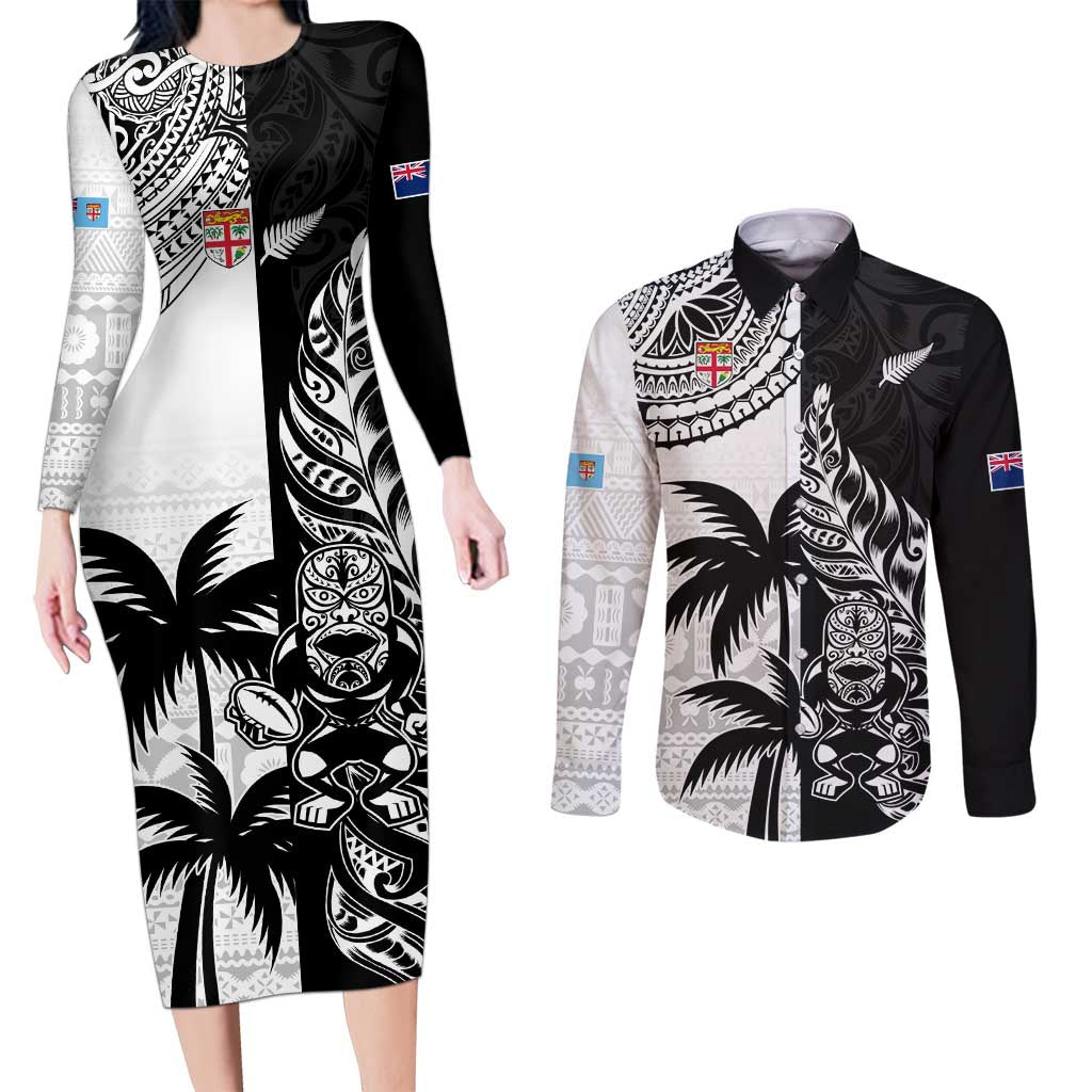 Custom Fiji New Zealand Couples Matching Long Sleeve Bodycon Dress and Long Sleeve Button Shirt Maori mix Tapa Pattern Version